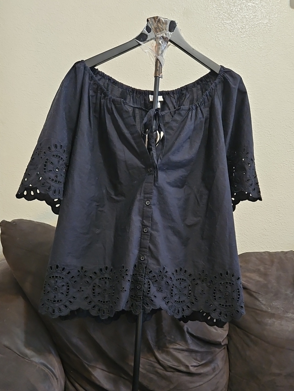 a new day Navy Eyelet Off-Shoulder Button-Front Blouse